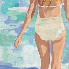 Load image into Gallery viewer, Kristin Cooney&#39;s fine art giclee print titled GWYNETH of a pretty woman in a white bathing suit at the beach, walking into the waves, has a feminine palm beach vibe and is the perfect art to add some fun and elegance any home decor, interior design.  A nod to vintage glamour with free U.S. shipping and multiple size options. Created from an original painting by Kristin Cooney.
