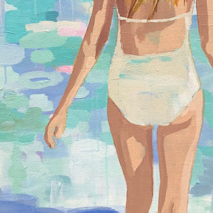 Kristin Cooney's fine art giclee print titled GWYNETH of a pretty woman in a white bathing suit at the beach, walking into the waves, has a feminine palm beach vibe and is the perfect art to add some fun and elegance any home decor, interior design.  A nod to vintage glamour with free U.S. shipping and multiple size options. Created from an original painting by Kristin Cooney.