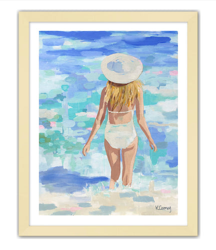 Kristin Cooney's fine art giclee print of a pretty woman in a white bathing suit at the beach, walking into the waves, has a feminine palm beach vibe and is the perfect art to add some fun and elegance any home decor, interior design.  