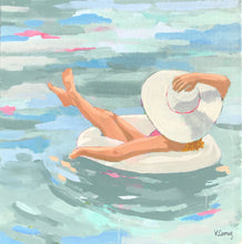 Load image into Gallery viewer, Kristin Cooney&#39;s fine art print from her Bathing Beauties collection, inspired by 1950&#39;s beach fashion and femininity. The HANNAH fine art print by Kristin Cooney—featuring a glamorous woman in a pink swimsuit and sunhat, gracefully lounging in a pool float. A nod to vintage glamour with free U.S. shipping and multiple size options. Created from an original painting by Kristin Cooney.
