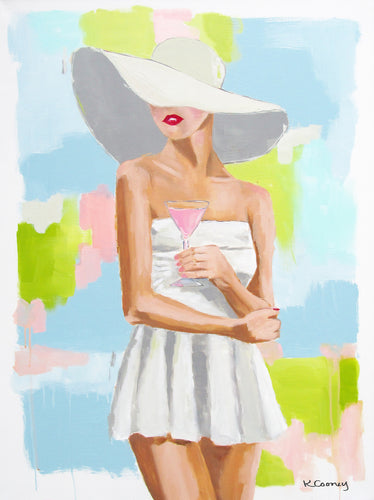 Kristin Cooney's fine art giclee print of a pretty woman in a white bathing suit sipping a pink cocktail, with a sunhat on, has a feminine palm beach vibe and is the perfect art to add some fun and elegance any home decor, interior design.  A nod to vintage glamour with free U.S. shipping and multiple size options. Created from an original painting by Kristin Cooney.