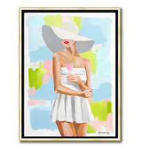 Load image into Gallery viewer, Kristin Cooney&#39;s fine art giclee print of a pretty woman in a white bathing suit sipping a pink cocktail, with a sunhat on, has a feminine palm beach vibe and is the perfect art to add some fun and elegance any home decor, interior design.  A nod to vintage glamour with free U.S. shipping and multiple size options. Created from an original painting by Kristin Cooney.
