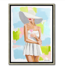 Load image into Gallery viewer, Kristin Cooney&#39;s fine art giclee print of a pretty woman in a white bathing suit sipping a pink cocktail, with a sunhat on, has a feminine palm beach vibe and is the perfect art to add some fun and elegance any home decor, interior design.  A nod to vintage glamour with free U.S. shipping and multiple size options. Created from an original painting by Kristin Cooney.
