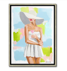Kristin Cooney's fine art giclee print of a pretty woman in a white bathing suit sipping a pink cocktail, with a sunhat on, has a feminine palm beach vibe and is the perfect art to add some fun and elegance any home decor, interior design.  A nod to vintage glamour with free U.S. shipping and multiple size options. Created from an original painting by Kristin Cooney.
