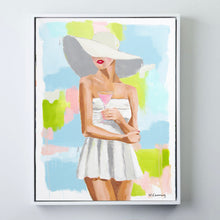 Load image into Gallery viewer, Kristin Cooney&#39;s fine art giclee print of a pretty woman in a white bathing suit sipping a pink cocktail, with a sunhat on, has a feminine palm beach vibe and is the perfect art to add some fun and elegance any home decor, interior design.  A nod to vintage glamour with free U.S. shipping and multiple size options. Created from an original painting by Kristin Cooney.

