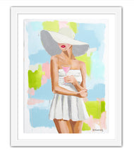 Load image into Gallery viewer, Kristin Cooney&#39;s fine art giclee print of a pretty woman in a white bathing suit sipping a pink cocktail, with a sunhat on, has a feminine palm beach vibe and is the perfect art to add some fun and elegance any home decor, interior design.  A nod to vintage glamour with free U.S. shipping and multiple size options. Created from an original painting by Kristin Cooney.
