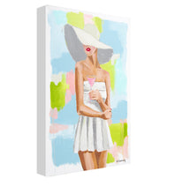 Load image into Gallery viewer, Kristin Cooney&#39;s fine art giclee print of a pretty woman in a white bathing suit sipping a pink cocktail, with a sunhat on, has a feminine palm beach vibe and is the perfect art to add some fun and elegance any home decor, interior design.  A nod to vintage glamour with free U.S. shipping and multiple size options. Created from an original painting by Kristin Cooney.
