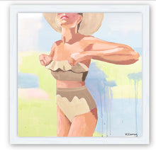 Load image into Gallery viewer, The NICOLE  fine art print by Kristin Cooney—featuring a glamorous woman in a high waisted bikini swimsuit.  A nod to vintage glamour with free U.S. shipping and multiple size options. Created from an original painting by Kristin Cooney. Fine art prints in a coastal theme to add beauty to any home decor, interior design, beach house art, spa art, female figure art, bedroom art
