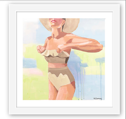 The NICOLE  fine art print by Kristin Cooney—featuring a glamorous woman in a high waisted bikini swimsuit.  A nod to vintage glamour with free U.S. shipping and multiple size options. Created from an original painting by Kristin Cooney. Fine art prints in a coastal theme to add beauty to any home decor, interior design, beach house art, spa art, female figure art, bedroom art