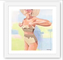 Load image into Gallery viewer, The NICOLE  fine art print by Kristin Cooney—featuring a glamorous woman in a high waisted bikini swimsuit.  A nod to vintage glamour with free U.S. shipping and multiple size options. Created from an original painting by Kristin Cooney. Fine art prints in a coastal theme to add beauty to any home decor, interior design, beach house art, spa art, female figure art, bedroom art

