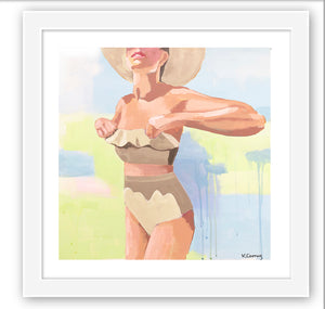 The NICOLE  fine art print by Kristin Cooney—featuring a glamorous woman in a high waisted bikini swimsuit.  A nod to vintage glamour with free U.S. shipping and multiple size options. Created from an original painting by Kristin Cooney. Fine art prints in a coastal theme to add beauty to any home decor, interior design, beach house art, spa art, female figure art, bedroom art