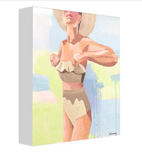 Load image into Gallery viewer, The NICOLE  fine art print by Kristin Cooney—featuring a glamorous woman in a high waisted bikini swimsuit.  A nod to vintage glamour with free U.S. shipping and multiple size options. Created from an original painting by Kristin Cooney. Fine art prints in a coastal theme to add beauty to any home decor, interior design, beach house art, spa art, female figure art, bedroom art
