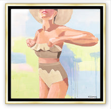 Load image into Gallery viewer, The NICOLE  fine art print by Kristin Cooney—featuring a glamorous woman in a high waisted bikini swimsuit.  A nod to vintage glamour with free U.S. shipping and multiple size options. Created from an original painting by Kristin Cooney. Fine art prints in a coastal theme to add beauty to any home decor, interior design, beach house art, spa art, female figure art, bedroom art

