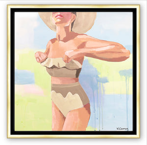 The NICOLE  fine art print by Kristin Cooney—featuring a glamorous woman in a high waisted bikini swimsuit.  A nod to vintage glamour with free U.S. shipping and multiple size options. Created from an original painting by Kristin Cooney. Fine art prints in a coastal theme to add beauty to any home decor, interior design, beach house art, spa art, female figure art, bedroom art