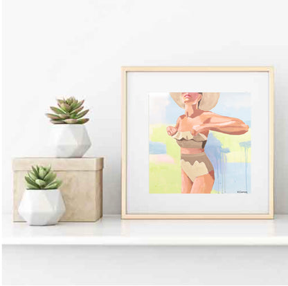 The NICOLE  fine art print by Kristin Cooney—featuring a glamorous woman in a high waisted bikini swimsuit.  A nod to vintage glamour with free U.S. shipping and multiple size options. Created from an original painting by Kristin Cooney. Fine art prints in a coastal theme to add beauty to any home decor, interior design, beach house art, spa art, female figure art, bedroom art