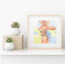Load image into Gallery viewer, The NICOLE  fine art print by Kristin Cooney—featuring a glamorous woman in a high waisted bikini swimsuit.  A nod to vintage glamour with free U.S. shipping and multiple size options. Created from an original painting by Kristin Cooney. Fine art prints in a coastal theme to add beauty to any home decor, interior design, beach house art, spa art, female figure art, bedroom art
