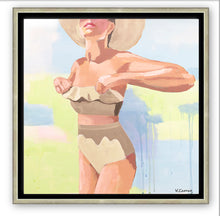Load image into Gallery viewer, The NICOLE  fine art print by Kristin Cooney—featuring a glamorous woman in a high waisted bikini swimsuit.  A nod to vintage glamour with free U.S. shipping and multiple size options. Created from an original painting by Kristin Cooney. Fine art prints in a coastal theme to add beauty to any home decor, interior design, beach house art, spa art, female figure art, bedroom art
