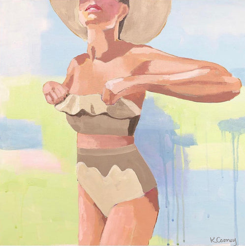 The NICOLE  fine art print by Kristin Cooney—featuring a glamorous woman in a high waisted bikini swimsuit.  A nod to vintage glamour with free U.S. shipping and multiple size options. Created from an original painting by Kristin Cooney. Fine art prints in a coastal theme to add beauty to any home decor, interior design, beach house art, spa art, female figure art, bedroom art