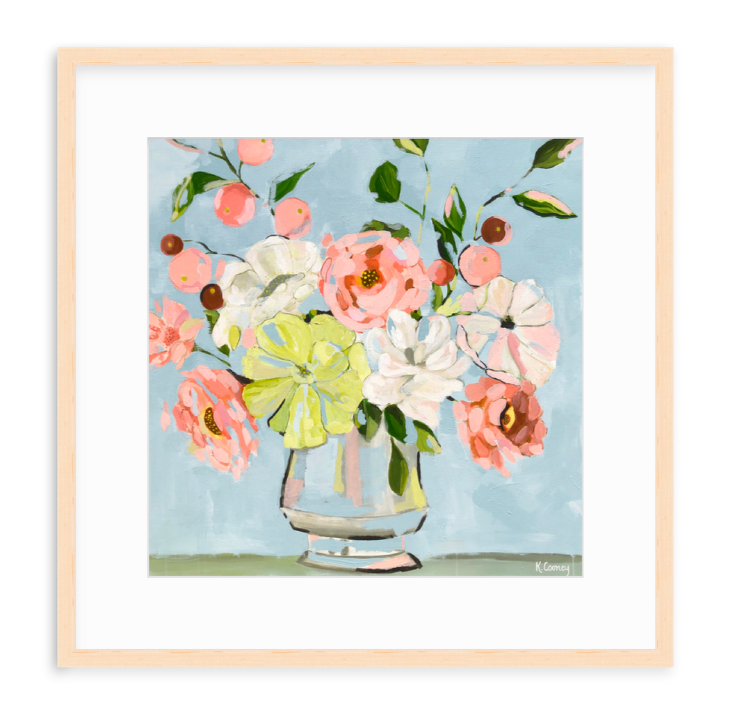 Floral Art Print by Kristin Cooney, pink, peach, blue.