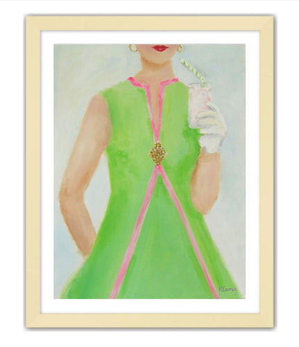 Kristin Cooney's fine art print from her Glamorous Ladies collection, woman in green dress sipping pink lemonade, inspired by 1950's fashion and feminine charms. Elegant fashion art to add beauty to any home decor, interior design, salon art, spa art, female figure art, bedroom art.  Edit alt text