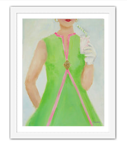 Kristin Cooney's fine art print from her Glamorous Ladies collection, woman in green dress sipping pink lemonade, inspired by 1950's fashion and feminine charms. Elegant fashion art to add beauty to any home decor, interior design, salon art, spa art, female figure art, bedroom art.  Edit alt text