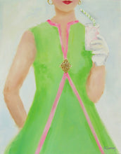 Load image into Gallery viewer, Kristin Cooney&#39;s fine art print from her Glamorous Ladies collection, woman in green dress sipping pink lemonade, inspired by 1950&#39;s fashion and feminine charms. Elegant fashion art to add beauty to any home decor, interior design, salon art, spa art, female figure art, bedroom art.  Edit alt text
