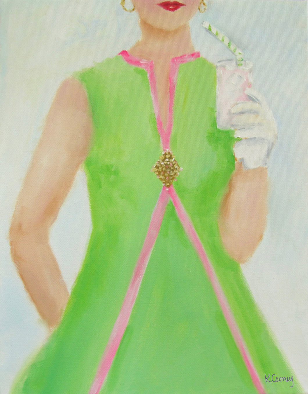 Kristin Cooney's fine art print from her Glamorous Ladies collection, woman in green dress sipping pink lemonade, inspired by 1950's fashion and feminine charms. Elegant fashion art to add beauty to any home decor, interior design, salon art, spa art, female figure art, bedroom art.  Edit alt text