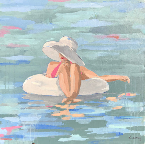 Kristin Cooney's fine art print from her Bathing Beauties collection, inspired by 1950's beach fashion and femininity. The PRISCILLA fine art print by Kristin Cooney—featuring a glamorous woman in a pink swimsuit and sunhat, gracefully lounging in a pool float. A nod to vintage glamour with free U.S. shipping and multiple size options. Created from an original painting by Kristin Cooney.