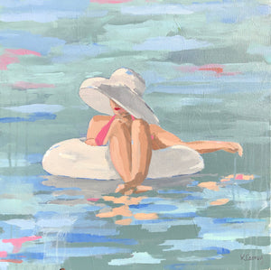 Kristin Cooney's fine art print from her Bathing Beauties collection, inspired by 1950's beach fashion and femininity. The PRISCILLA fine art print by Kristin Cooney—featuring a glamorous woman in a pink swimsuit and sunhat, gracefully lounging in a pool float. A nod to vintage glamour with free U.S. shipping and multiple size options. Created from an original painting by Kristin Cooney.