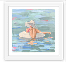 Load image into Gallery viewer, Art print titled PRISCILLA from the BATHING BEAUTIES COLLECTION by Kristin Cooney, inspired by 1950&#39;s beach fashion and femininity. The PRISCILLA fine art print by Kristin Cooney—featuring a glamorous woman in a pink swimsuit and sunhat, gracefully lounging in a pool float. A nod to vintage glamour with free U.S. shipping and multiple size options. Created from an original painting by Kristin Cooney.
