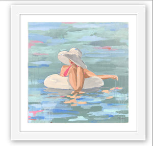 Art print titled PRISCILLA from the BATHING BEAUTIES COLLECTION by Kristin Cooney, inspired by 1950's beach fashion and femininity. The PRISCILLA fine art print by Kristin Cooney—featuring a glamorous woman in a pink swimsuit and sunhat, gracefully lounging in a pool float. A nod to vintage glamour with free U.S. shipping and multiple size options. Created from an original painting by Kristin Cooney.