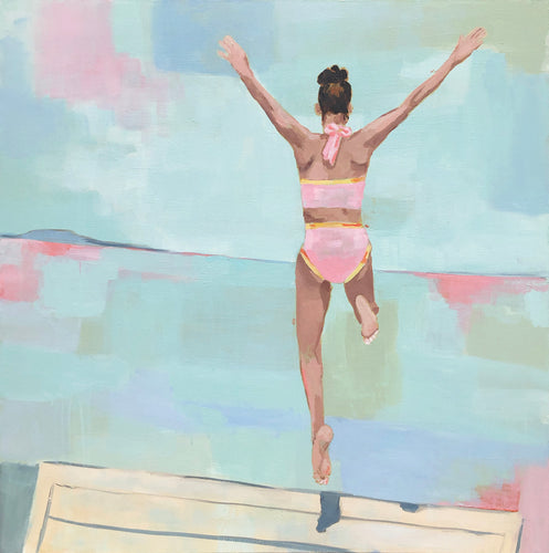 Kristin Cooney's fine art print titled SUMMER PLUNGE,  from her Bathing Beauties collection, inspired by 1950's beach fashion and femininity. Woman in pink bikini jumping onto water, beach. Elegant nostalgic fashion art to add beauty to any home decor, beach house, or lake house.  A nod to vintage glamour with free U.S. shipping and multiple size options. Created from an original painting by Kristin Cooney. Fine art prints in a coastal theme to add beauty to any home decor, interior design, beach house art,