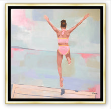 Load image into Gallery viewer, Kristin Cooney&#39;s fine art print titled SUMMER PLUNGE,  from her Bathing Beauties collection, inspired by 1950&#39;s beach fashion and femininity. Woman in pink bikini jumping onto water, beach. Elegant nostalgic fashion art to add beauty to any home decor, beach house, or lake house.  A nod to vintage glamour with free U.S. shipping and multiple size options. Created from an original painting by Kristin Cooney. Fine art prints in a coastal theme to add beauty to any home decor, interior design, beach house art,

