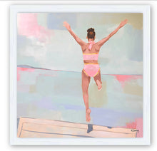 Load image into Gallery viewer, Kristin Cooney&#39;s fine art print titled SUMMER PLUNGE,  from her Bathing Beauties collection, inspired by 1950&#39;s beach fashion and femininity. Woman in pink bikini jumping onto water, beach. Elegant nostalgic fashion art to add beauty to any home decor, beach house, or lake house.  A nod to vintage glamour with free U.S. shipping and multiple size options. Created from an original painting by Kristin Cooney. Fine art prints in a coastal theme to add beauty to any home decor, interior design, beach house art,
