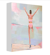 Load image into Gallery viewer, Kristin Cooney&#39;s fine art print titled SUMMER PLUNGE,  from her Bathing Beauties collection, inspired by 1950&#39;s beach fashion and femininity. Woman in pink bikini jumping onto water, beach. Elegant nostalgic fashion art to add beauty to any home decor, beach house, or lake house.  A nod to vintage glamour with free U.S. shipping and multiple size options. Created from an original painting by Kristin Cooney. Fine art prints in a coastal theme to add beauty to any home decor, interior design, beach house art,
