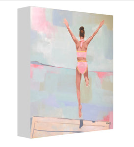 Kristin Cooney's fine art print titled SUMMER PLUNGE,  from her Bathing Beauties collection, inspired by 1950's beach fashion and femininity. Woman in pink bikini jumping onto water, beach. Elegant nostalgic fashion art to add beauty to any home decor, beach house, or lake house.  A nod to vintage glamour with free U.S. shipping and multiple size options. Created from an original painting by Kristin Cooney. Fine art prints in a coastal theme to add beauty to any home decor, interior design, beach house art,