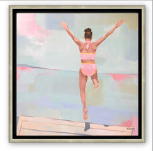 Load image into Gallery viewer, Kristin Cooney&#39;s fine art print titled SUMMER PLUNGE,  from her Bathing Beauties collection, inspired by 1950&#39;s beach fashion and femininity. Woman in pink bikini jumping onto water, beach. Elegant nostalgic fashion art to add beauty to any home decor, beach house, or lake house.  A nod to vintage glamour with free U.S. shipping and multiple size options. Created from an original painting by Kristin Cooney. Fine art prints in a coastal theme to add beauty to any home decor, interior design, beach house art,
