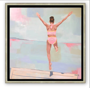 Kristin Cooney's fine art print titled SUMMER PLUNGE,  from her Bathing Beauties collection, inspired by 1950's beach fashion and femininity. Woman in pink bikini jumping onto water, beach. Elegant nostalgic fashion art to add beauty to any home decor, beach house, or lake house.  A nod to vintage glamour with free U.S. shipping and multiple size options. Created from an original painting by Kristin Cooney. Fine art prints in a coastal theme to add beauty to any home decor, interior design, beach house art,