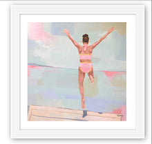 Load image into Gallery viewer, Kristin Cooney&#39;s fine art print titled SUMMER PLUNGE,  from her Bathing Beauties collection, inspired by 1950&#39;s beach fashion and femininity. Woman in pink bikini jumping onto water, beach. Elegant nostalgic fashion art to add beauty to any home decor, beach house, or lake house.  A nod to vintage glamour with free U.S. shipping and multiple size options. Created from an original painting by Kristin Cooney. Fine art prints in a coastal theme to add beauty to any home decor, interior design, beach house art,
