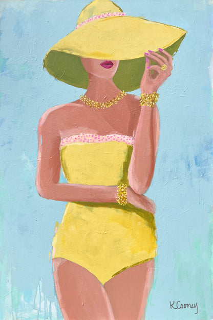 Art print titled SUNNY OUTLOOK from the BATHING BEAUTIES COLLECTION by Kristin Cooney , artwork of glamorous woman in yellow bathing suit and hat
