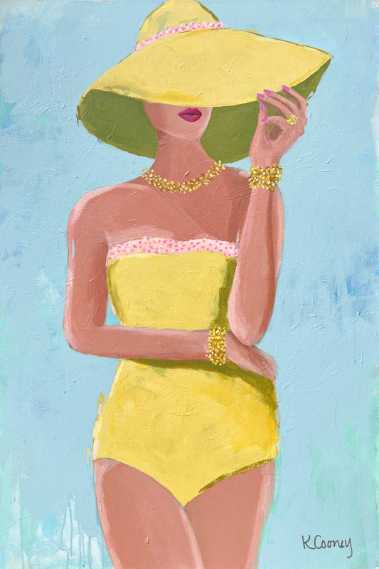 Art print titled SUNNY OUTLOOK from the BATHING BEAUTIES COLLECTION by Kristin Cooney , artwork of glamorous woman in yellow bathing suit and hat
