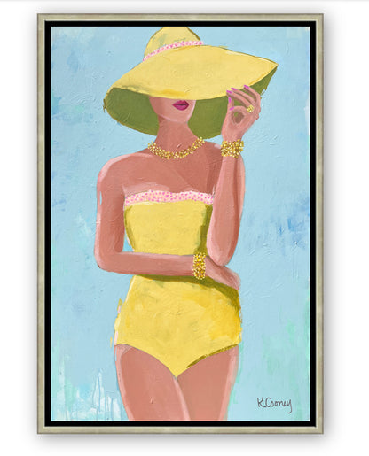 Art print titled SUNNY OUTLOOK from the BATHING BEAUTIES COLLECTION by Kristin Cooney , artwork of glamorous woman in yellow bathing suit and hat. Free US Shipping, faming options.  Created from an original painting by Kristin Cooney