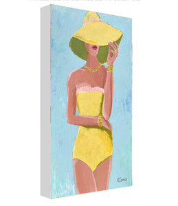 Art print titled SUNNY OUTLOOK from the BATHING BEAUTIES COLLECTION by Kristin Cooney , artwork of glamorous woman in yellow bathing suit and hat