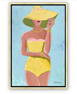 Art print titled SUNNY OUTLOOK from the BATHING BEAUTIES COLLECTION by Kristin Cooney , artwork of glamorous woman in yellow bathing suit and hat