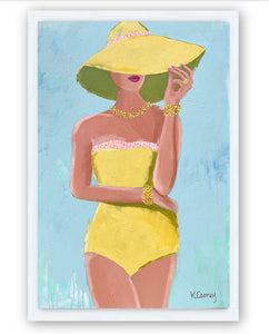 Art print titled SUNNY OUTLOOK from the BATHING BEAUTIES COLLECTION by Kristin Cooney , artwork of glamorous woman in yellow bathing suit and hat. Free US Shipping, faming options.  Created from an original painting by Kristin Cooney