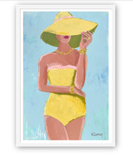 Load image into Gallery viewer, Art print titled SUNNY OUTLOOK from the BATHING BEAUTIES COLLECTION by Kristin Cooney , artwork of glamorous woman in yellow bathing suit and hat. Free US Shipping, faming options.  Created from an original painting by Kristin Cooney
