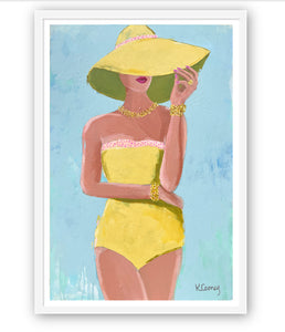 Art print titled SUNNY OUTLOOK from the BATHING BEAUTIES COLLECTION by Kristin Cooney , artwork of glamorous woman in yellow bathing suit and hat. Free US Shipping, faming options.  Created from an original painting by Kristin Cooney
