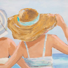 Load image into Gallery viewer, An artwork print featuring three women in swimsuits and straw hats, viewed from behind, walking on a beach with a stylized, painterly approach in pastel colors. Created from an original painting by Kristin Cooney
