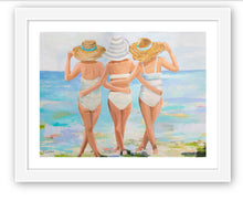 Load image into Gallery viewer, An artwork print featuring three women in swimsuits and straw hats, viewed from behind, walking on a beach with a stylized, painterly approach in pastel colors. Created from an original painting by Kristin Cooney
