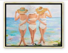 Load image into Gallery viewer, An artwork print featuring three women in swimsuits and straw hats, viewed from behind, walking on a beach with a stylized, painterly approach in pastel colors. Created from an original painting by Kristin Cooney
